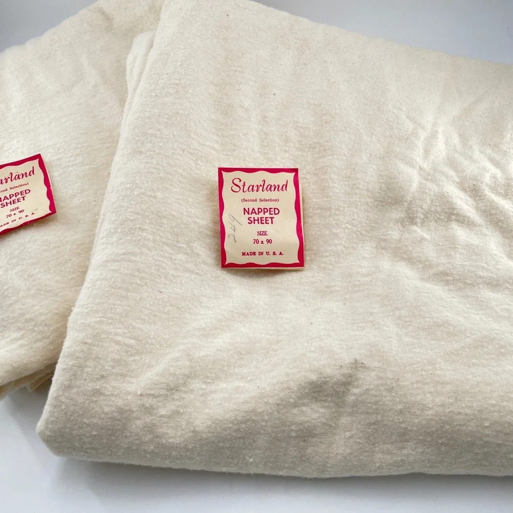 Starland Napped Flannelette Sheet Blanket 2 Cream Twin USA 50s Unbleached Cotton